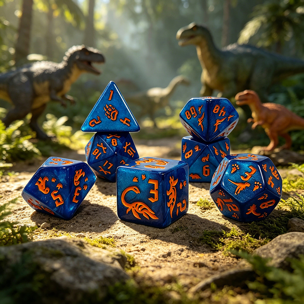 Dice Set Polyhedral - 7 Buah Set Dadu Berukir Dinosaurus